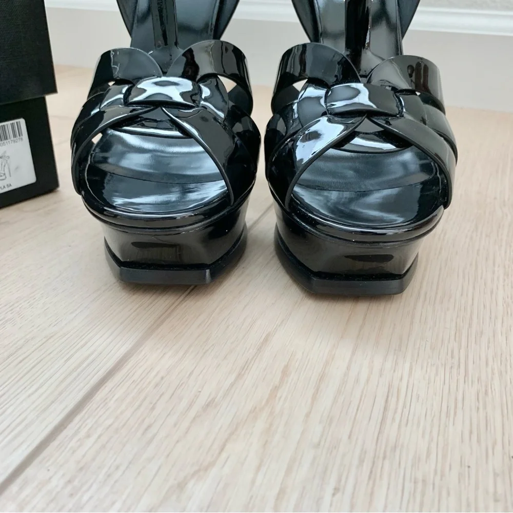 🌟 YSL Black Patent Leather Tribute 105 Platform Heeled Sandals High Heels 37 - Picture 10 of 12